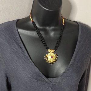Gold Tone Pendant And Small Black Bead Adjustable Necklace